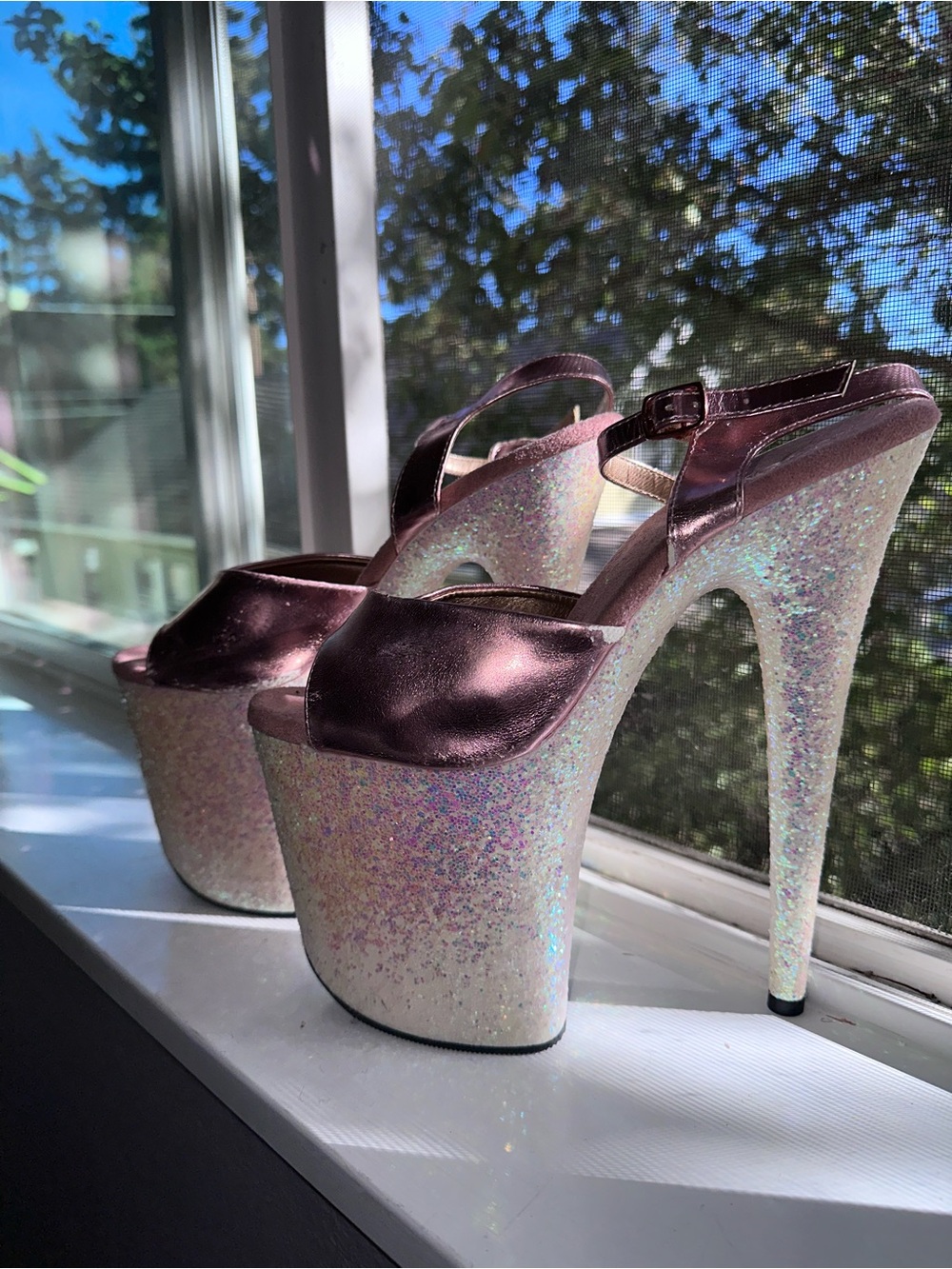 Iridescent Glitter Platform Heels with Rose Metallic Straps